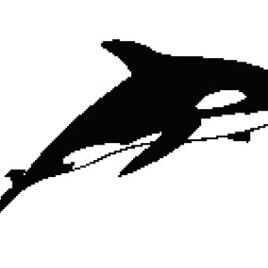 May include: A black and white graphic of an orca whale, also known as a killer whale, swimming. The whale is depicted in a pixelated style, with its distinctive black and white markings clearly visible against a white background. The orca is shown in profile.