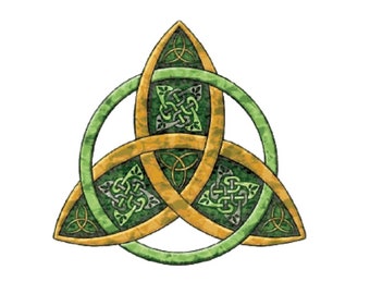 May include: A green and gold Celtic knot design with three interlocking circles. The knot is a traditional symbol of unity, strength, and eternity.