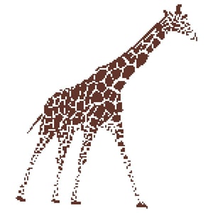 May include: A brown giraffe with a spotted pattern walks to the right. The giraffe is made of small squares.
