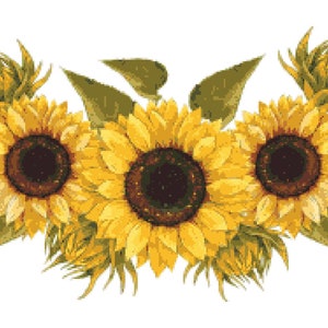 May include: A bouquet of three yellow sunflowers with green leaves and buds. The sunflowers are in full bloom and have dark brown centres.