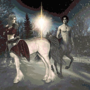 May include: A white and gray centaur with a woman riding on its back. The centaur is standing in a snowy forest with trees in the background. The woman is wearing a red and black dress and has long blonde hair.