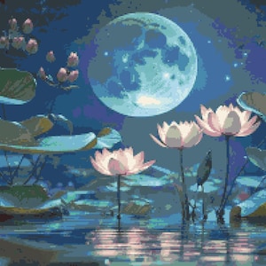 Waterlelies in het maanlicht geteld kruissteekpatroon - lelies kruissteekpatroon - Moon Night Lake water pdf-download