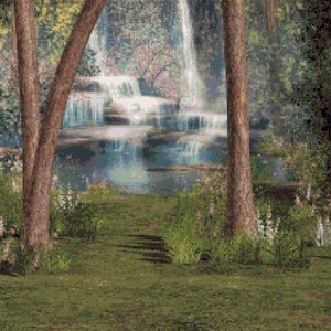 Perfect Picnic Spot Counted Cross Stitch Pattern - Scenic Landscape Cross-Stitch Pattern - Forest Waterfall Pixel Art Pattern (PDF Download)