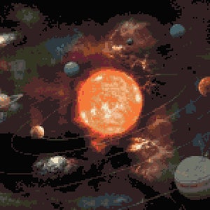 Kreuzstichmuster Planeten, die die Sonne umkreisen, Weltraum Sonnensystem, Sci-Fi Galaxie Karte Sterne Drehung, sofort PDF-Download