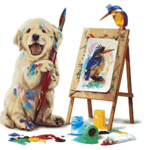 Valpmästerverk Korsstygnsmönster - Golden Retriever-målning Räknat Korsstygnsmönster - Dog Paint Artist PDF-nedladdning