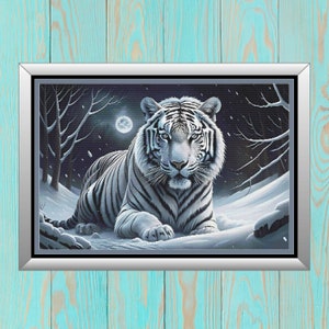 May include: A white tiger with black stripes sits in a snowy forest setting. The tiger is looking directly at the viewer with a serious expression. The background is a dark forest with a full moon shining in the sky.