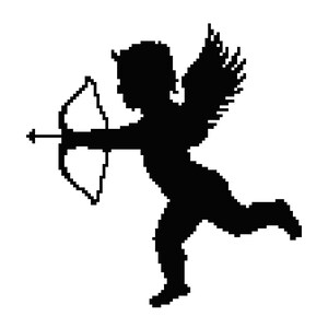 Puede incluir: Silueta negra de Cupido, una figura alada, sosteniendo un arco y una flecha. La imagen es un gráfico pixelado, ideal para San Valentín o temas románticos. La figura está en movimiento, sugiriendo acción.