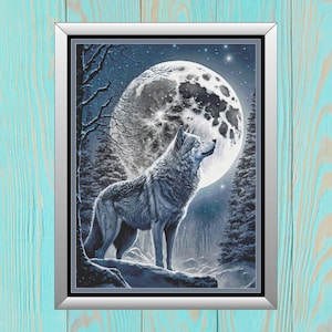 May include: A white wolf howls at the full moon in a snowy forest. The moon is large and bright, with a detailed surface. The wolf is standing on a snowy hill, with trees in the background.