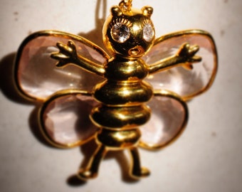 Openjart Butterfly Bee Collana in 18k Vermeil (dorato d'argento), quarzo rosa naturale e zaffiri bianchi
