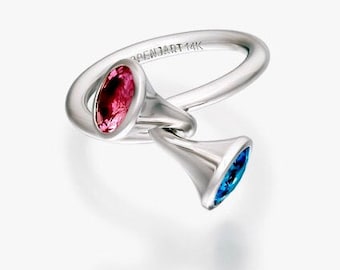 Openjart Due zaffiri Anello in 14k Bianco Oro e zaffiri naturali, rosa e blu