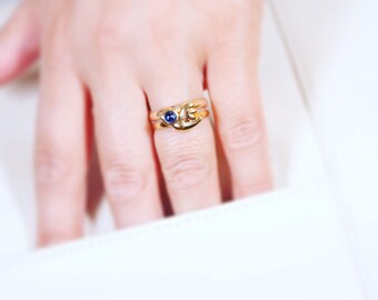 Openjart uccelli di primavera anello con zaffiro labgrown o ruby in 18k vermeil (argento dorato)