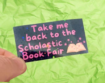 Holographic take me back to the scholastic book fair pink and black vinyl water resistant sticker