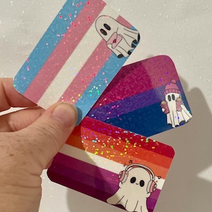 Holographic pride flags with ghosties lgbt vinyl water resistant sticker