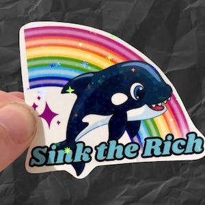 Holographic orca sink the rich vinyl water resistant sticker