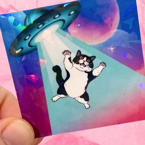 Cat alien abduction holographic  vinyl water resistant sticker