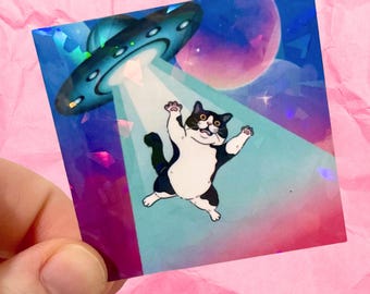 Cat alien abduction holographic  vinyl water resistant sticker