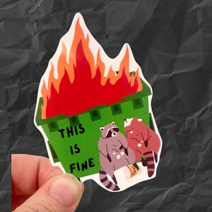 Dumpster fire raccoon this is fine vinyl water resistant sticker