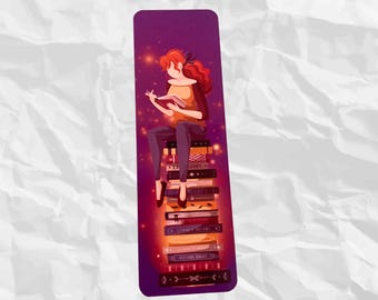 Girl reading stack of books sturdy bookmark glossy front and matte back