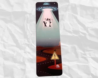 Space cat alien abduction funny ufo sturdy bookmark glossy front and matte back