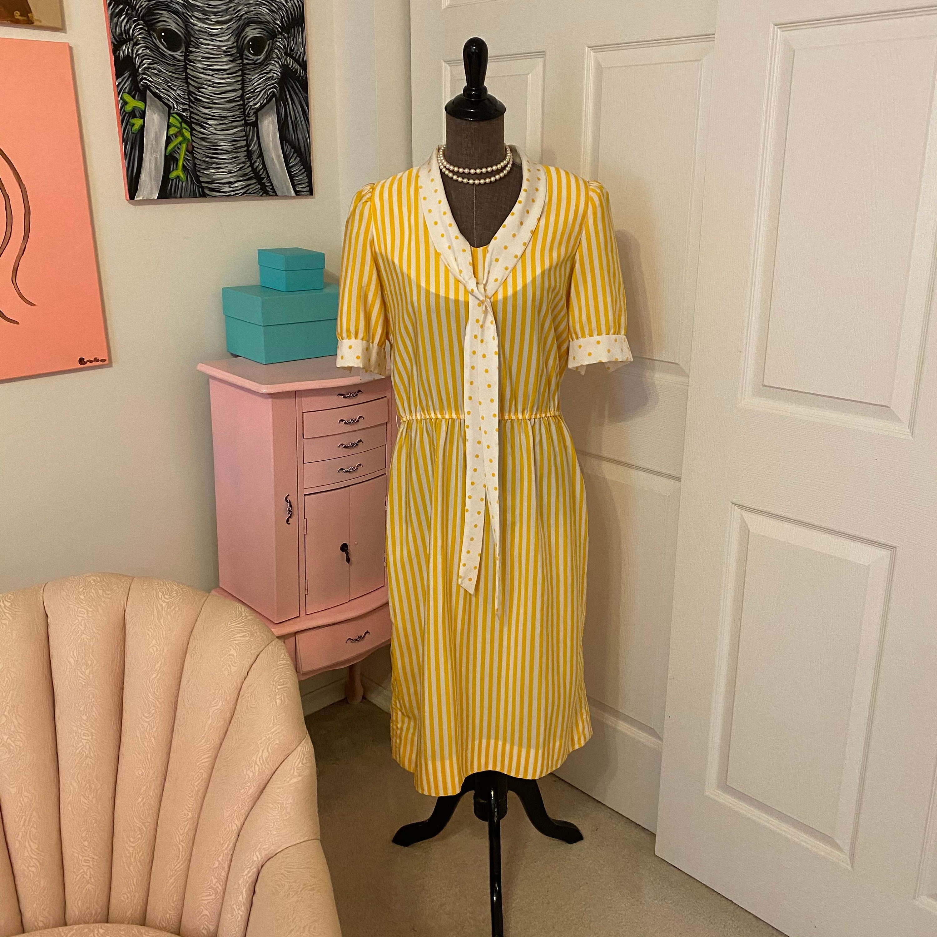 Vintage yellow and white dress by Kappi Etsy