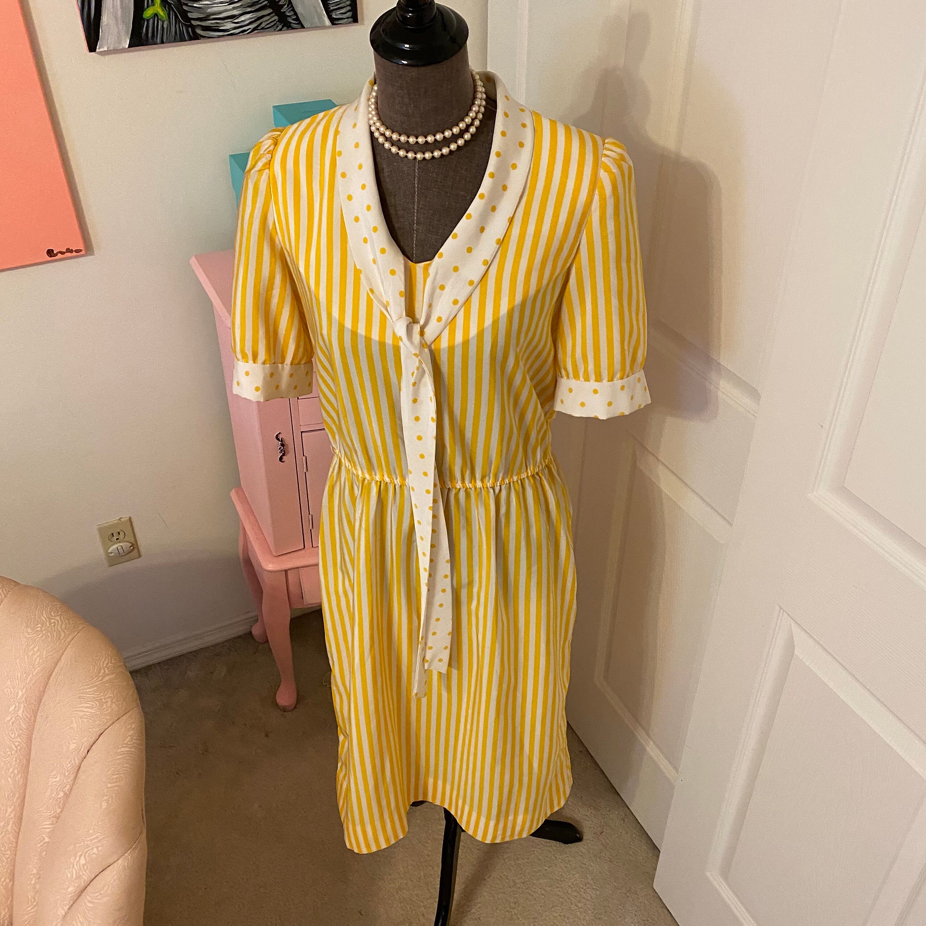 Vintage yellow and white dress by Kappi Etsy