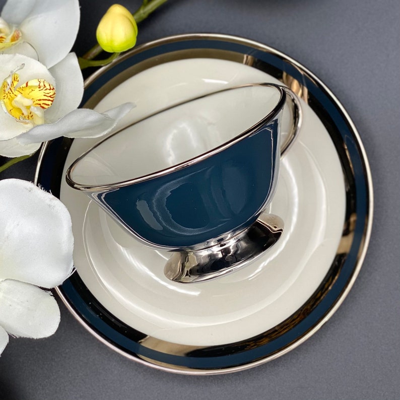 Vintage Gorham \u201cBlack Contessa\u201d set of 7 footed cups and saucers