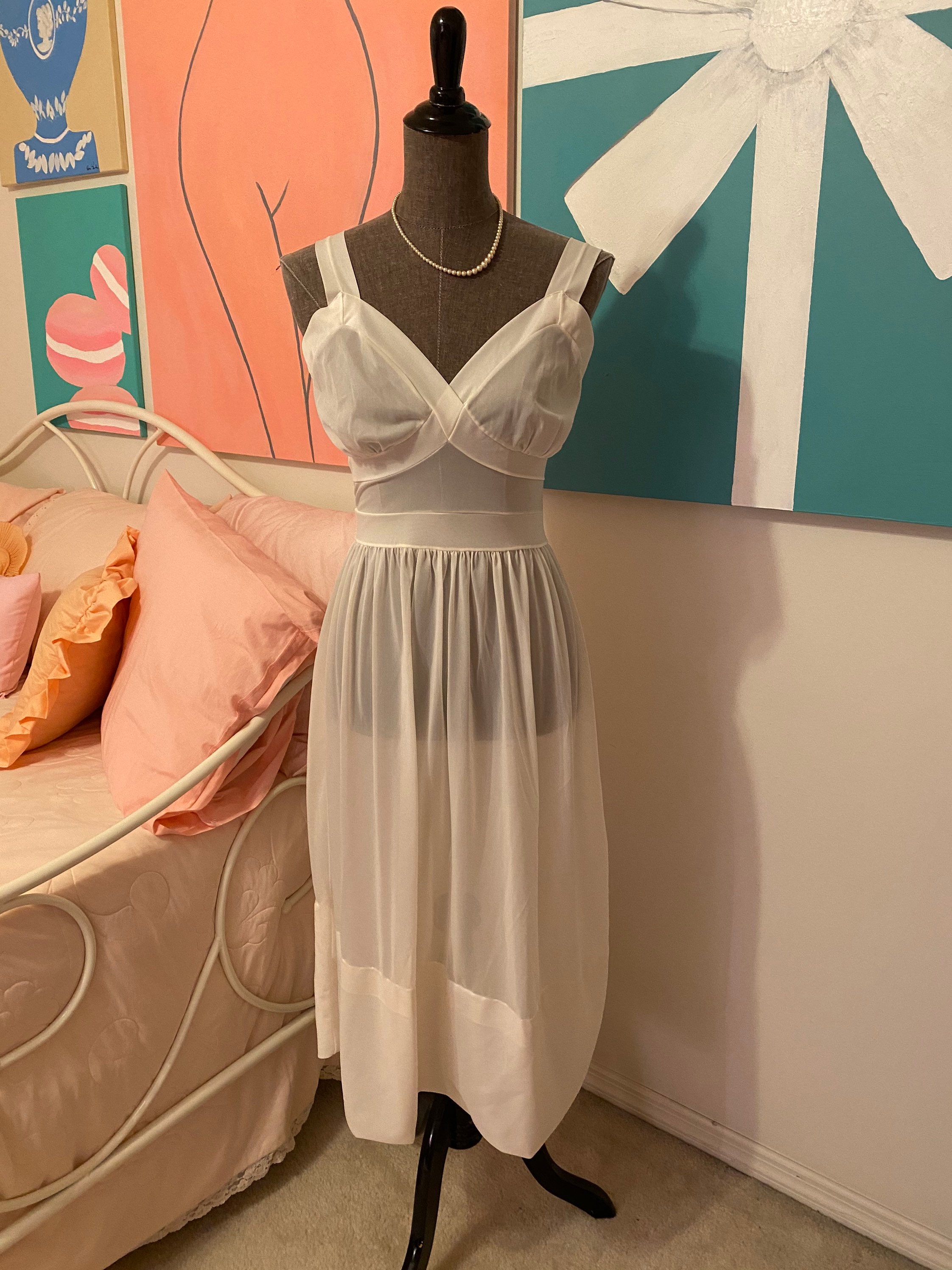 Vintage white satiny nylon nightgown slip medium | Etsy