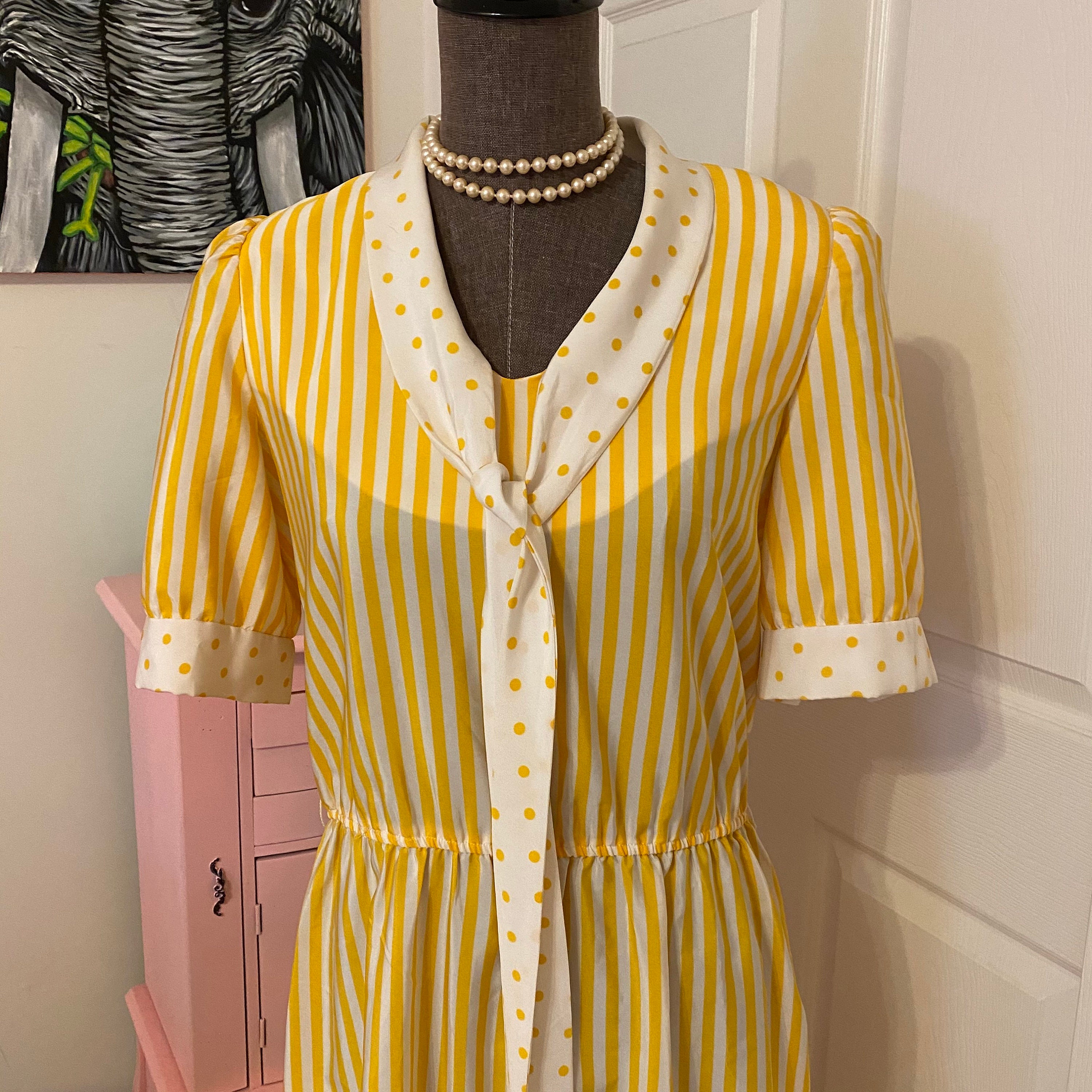 Vintage yellow and white dress by Kappi Etsy