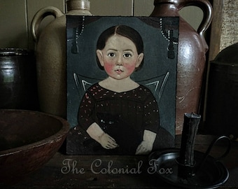 Colonial Girl With Cat Portrait Primitive Portrait Folk Art Portrait Colonial Primitive Colonial Decor Early American Antique Reproduction