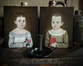 Colonial Boy & Girl Portrait Set Primitive Portrait Folk Art Portrait Colonial Primitive Colonial Decor Early American Antique Reproduction