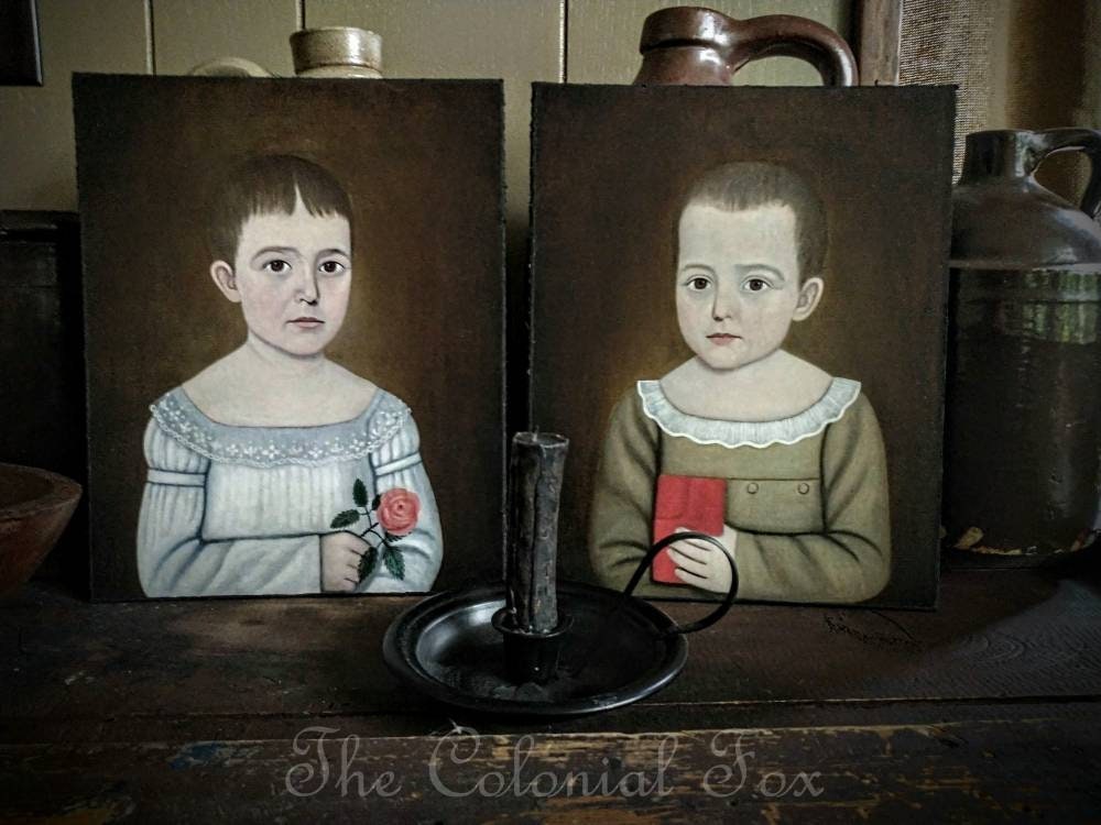 Colonial Boy & Girl Portrait Set Primitive Portrait Folk Art Portrait Colonial Primitive Colonial Decor Early American Antique Reproduction