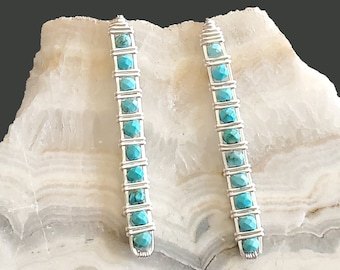 Turquoise Sterling Silver Bar Earrings: Handmade Dangle Drop Earrings