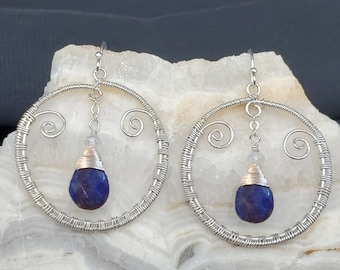 Lapis Earrings, Moonstone Earrings, Sterling Silver Earrings, Gemstone Earrings, Dangle Earrings, Lapis Dangle Earrings, Gift