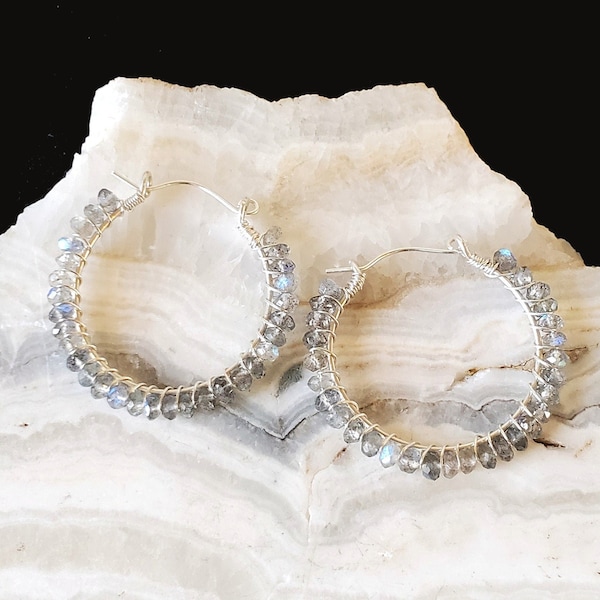 Labradorite Hoops, Hoop Earrings, Sterling Silver, Labradorite, Gemstones, Boho Jewelry, Artisan Hoops, Earrings, Jewelry, Handmade, Gift