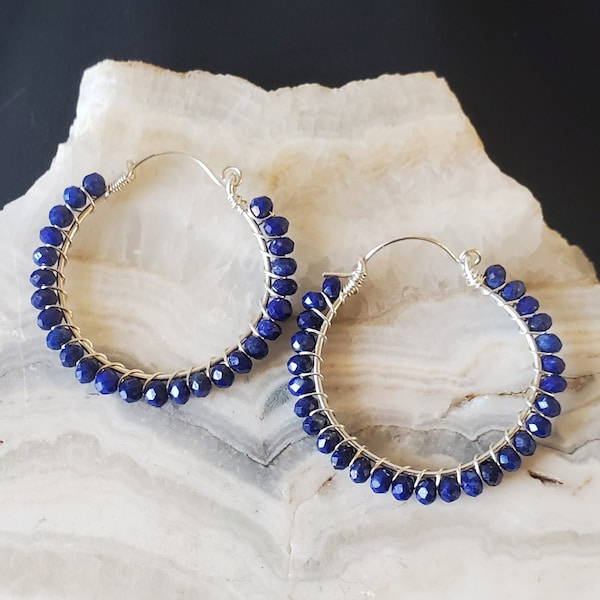 Lapis Hoop Earrings, Sterling Silver, Lapis, Boho Earrings, Hoop Earrings, Artisan Hoops, Gemstone Earrings, Boho Jewelry, Handmade, Gift