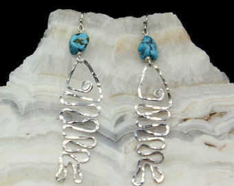 Turquoise Fish Earrings: Hammered Sterling Silver, Handmade