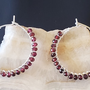 Handmade AA Garnet Sterling Silver Hoop Earrings, Boho Jewelry
