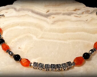 Go Beavs, Oregon State, Carnelian, Onyx, Sterling Silver Letter Beads, Sterling Silver Beads, Sterling Silver Daisy Spacers, Bracelet