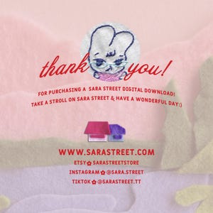 May include: A digital download thank you card with a pink and white background. The card features an embroidered bunny wearing glasses and a scarf. Text includes "thank you!" and website and social media information.