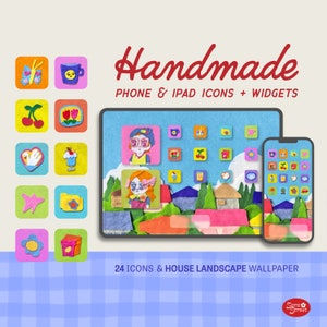 May include: A set of 24 colourful felt icons and a house landscape wallpaper for phone and iPad. The icons feature a variety of designs, including a butterfly, a cup of coffee, cherries, a flower, a star, and a folder. The wallpaper features a whimsical landscape with houses, trees, and clouds.