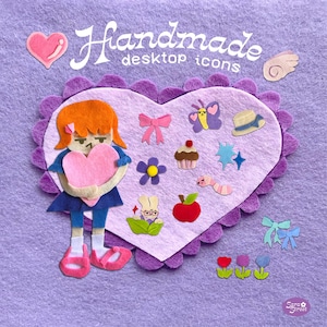 Pode incluir: Ícones de desktop de feltro feitos à mão em forma de coração roxo. Os ícones incluem uma menina segurando um coração, um cupcake, uma borboleta, uma flor, uma minhoca, um coelho, uma maçã, uma estrela, um laço e um chapéu.