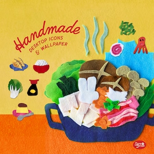 Puede incluir: Una obra de arte en fieltro que representa un cuenco azul lleno de alimentos de fieltro de colores, como champiñones, tocino y un conejo blanco. Las palabras "Handmade Desktop Icons & Wallpaper" están escritas en rojo sobre un fondo amarillo.