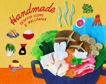 May include: A felt art piece featuring a blue bowl filled with colorful felt food items, including mushrooms, bacon, and a white rabbit. The words "Handmade Desktop Icons & Wallpaper" are written in red script on a yellow background.
