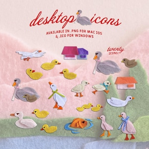 May include: A collection of twenty desktop icons featuring felt geese, ducks, and houses. The icons are in various colors, including yellow, white, gray, and pink, with orange beaks and feet. The text "desktop icons" and "twenty icons" are visible.