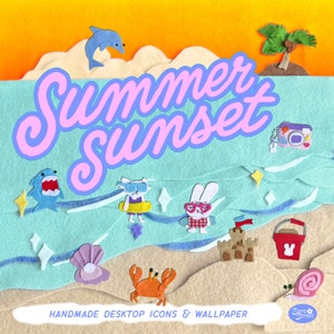 May include: A set of handmade felt icons and a wallpaper featuring a summer sunset theme. The icons include a dolphin, a shark, a cat wearing sunglasses, a rabbit wearing sunglasses, a seashell, a crab, a bucket, a castle, a snail, and a camera. The wallpaper features a blue and white ocean wave pattern with stars and a yellow sunset.