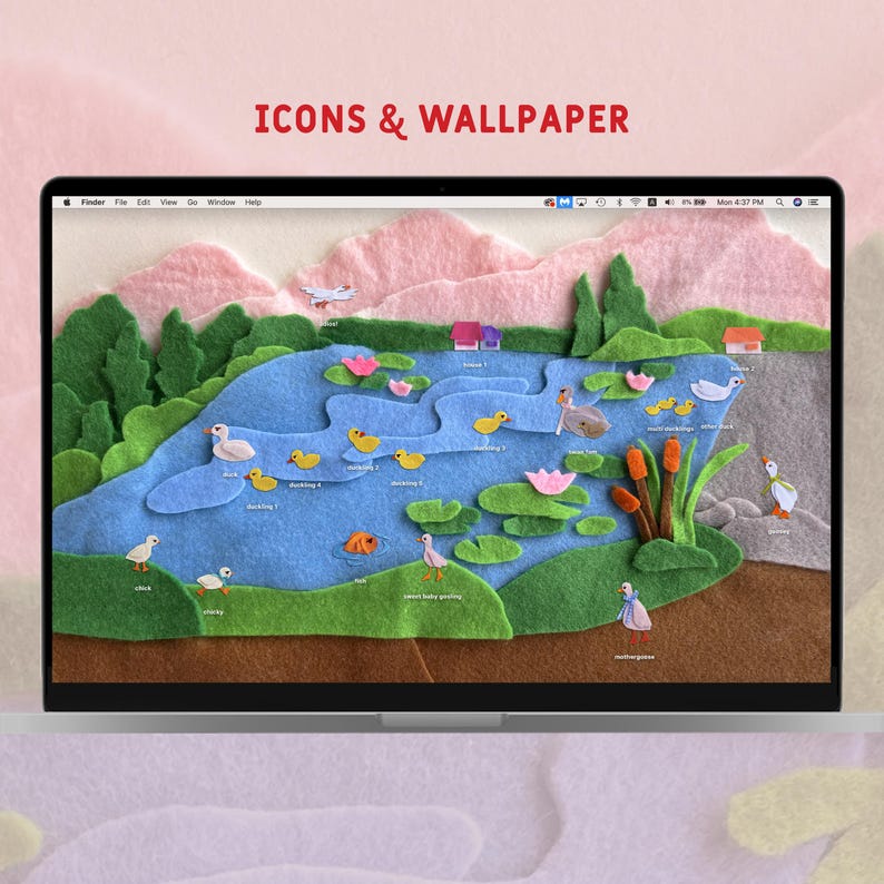 May include: A laptop screen displays a felt diorama of a pond scene with ducks, lily pads, and houses. The words "ICONS & WALLPAPER" are in red at the top. The scene is set against a pink and green backdrop, creating a whimsical, handcrafted aesthetic.
