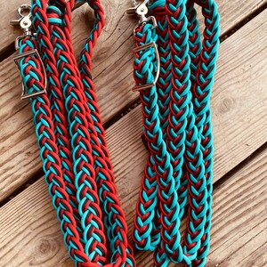 Teal, red, and black split reins