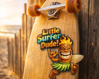 Tiki Surfer "¡Pequeño Surfista!" – Calcomanías hawaianas impermeables para laptop y botellas de agua