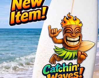 Tiki Surfer "Catchin Waves": calcomanías hawaianas impermeables para laptop y botellas de agua