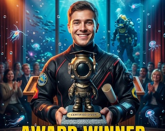 Figura antigua de bronce de un buzo comercial con placa de identificación personalizada.